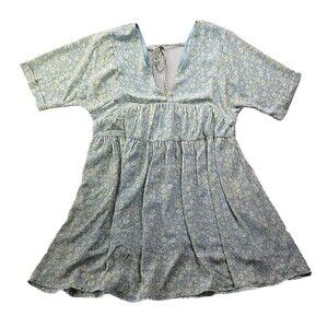 Beachly Floral Lined Sun Tiered Dress Blue Yellow Flowers Flowy Loose Fit - M